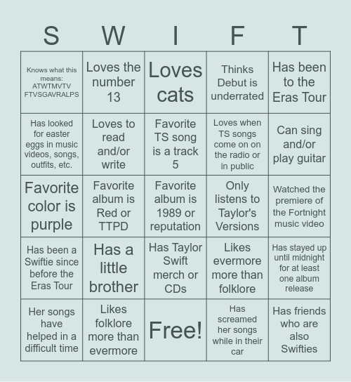 Swiftie Questions Bingo Card