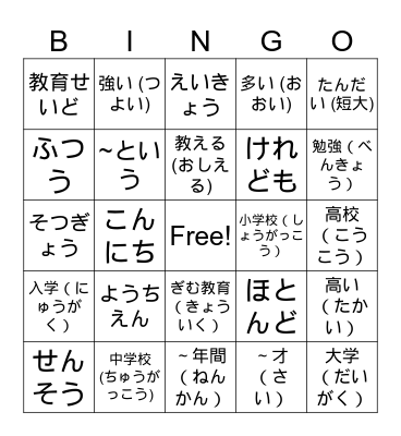 12JPN Education Revision Bingo Card