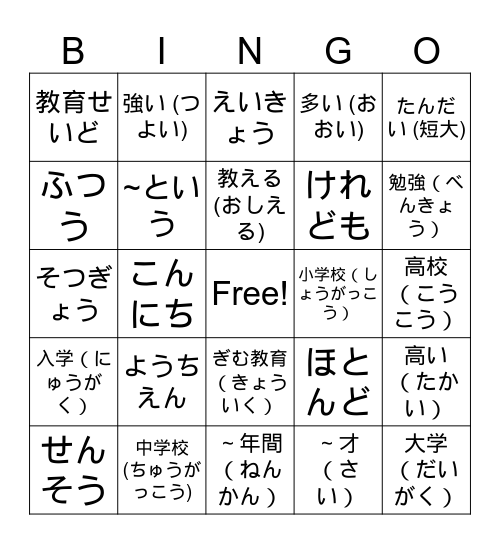 12JPN Education Revision Bingo Card