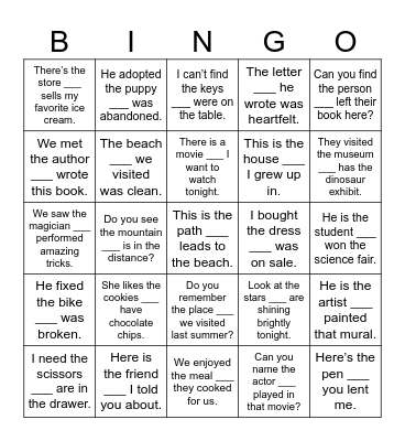 Relative pronouns Bingo Card