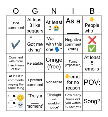 YouTube Shorts Comments Bingo Card