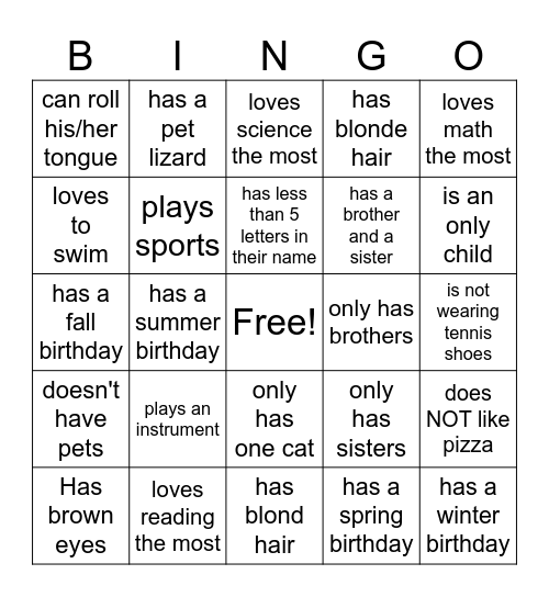 Getting To Know You Bingo Card