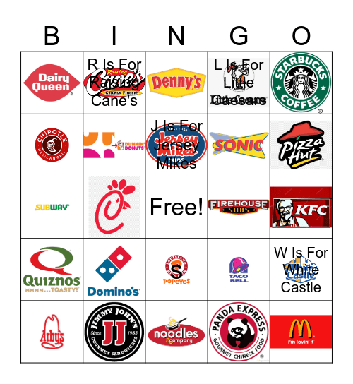 Fast Food Restaurant Logos Bingo Card