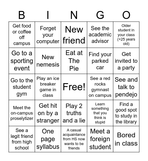 Sammy's Freshman Bingo Card