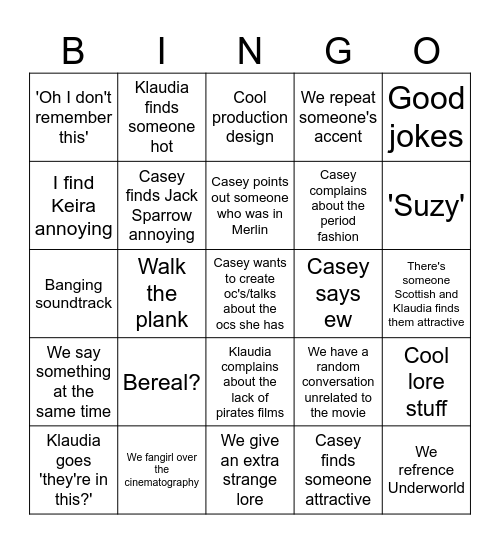 Pirates of the Caribbean Bingo Card