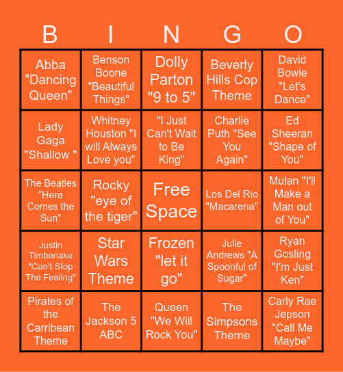 Music, Movies and More Bingo Card