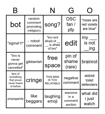 Youtube Shorts Bingo Card