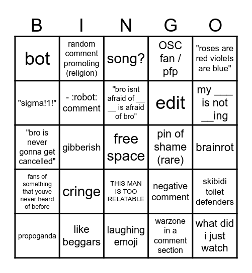 Youtube Shorts Bingo Card