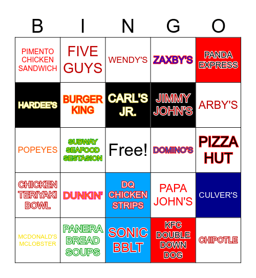 Fast Food Bingo Card