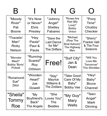 Top Songs of the 1960s Bingo Card