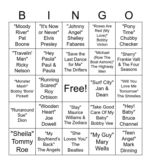 Top Songs of the 1960s Bingo Card