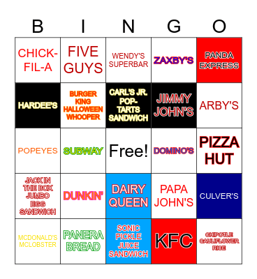 Fast Food Bingo Card