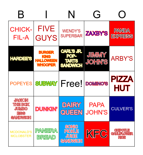 Fast Food Bingo Card