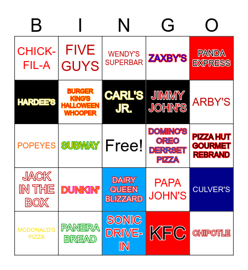 Fast Food Bingo Card