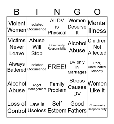 Domestic Violence Bingo Card