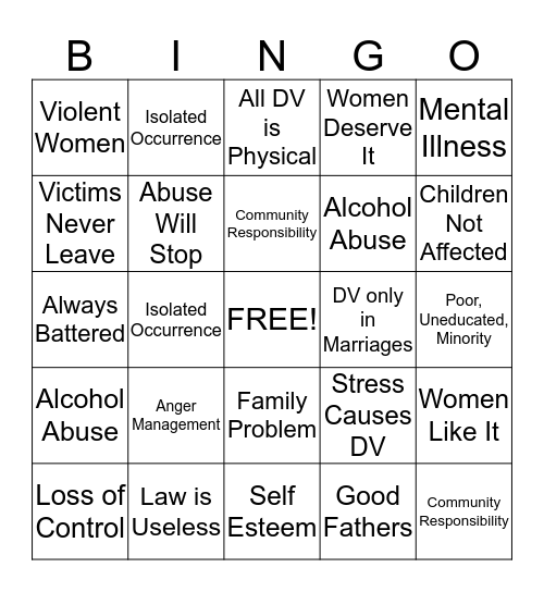 Domestic Violence Bingo Card