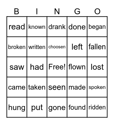 verbs Bingo Card