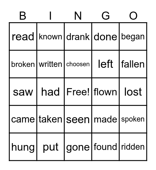 verbs Bingo Card