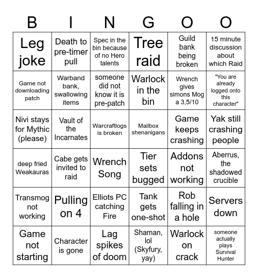 Pre-Patch Raid Bingo Card