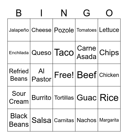 Tacos, Tacos, Tacos! Bingo Card