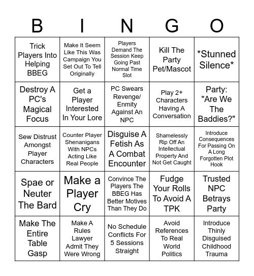 Dungeon Master Bing Bingo Card