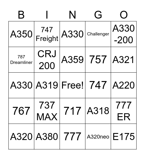 Airplanes Bingo Card