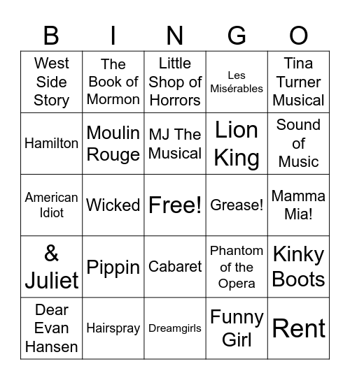 Show Tunes! Bingo Card