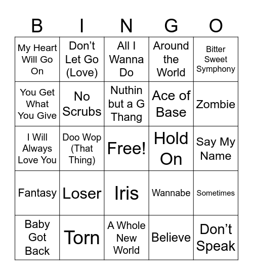 Songs of the 1990's Bingo Card