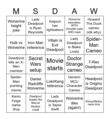 Marvel Studio's Deadpool & Wolverine Bingo Card