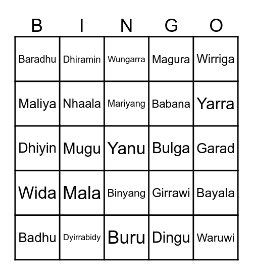 Dharug Dhalang Bingo Card