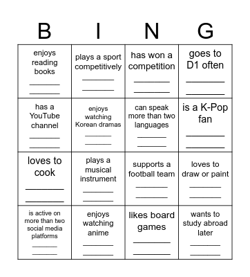 Bingointogettoyouya! Bingo Card