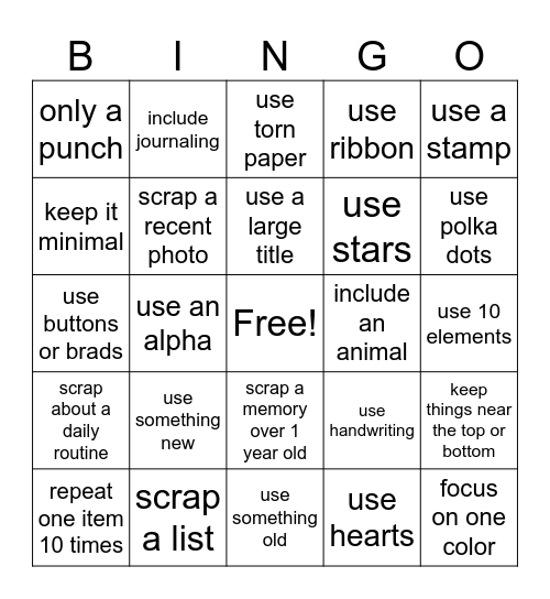 Scrapbook BINGO Card