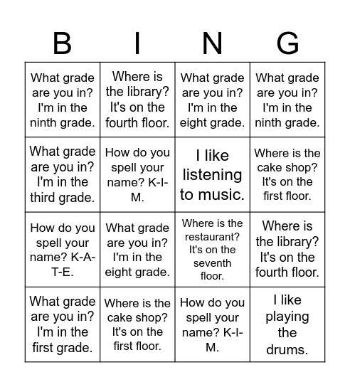 What Grade Are You In? Bingo Card