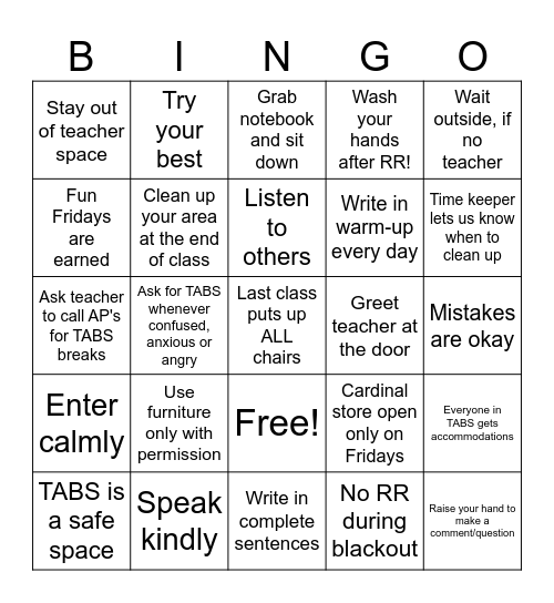 TABS Bingo Card