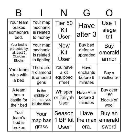 Roblox Bedwars Bingo (Season 10) Bingo Card