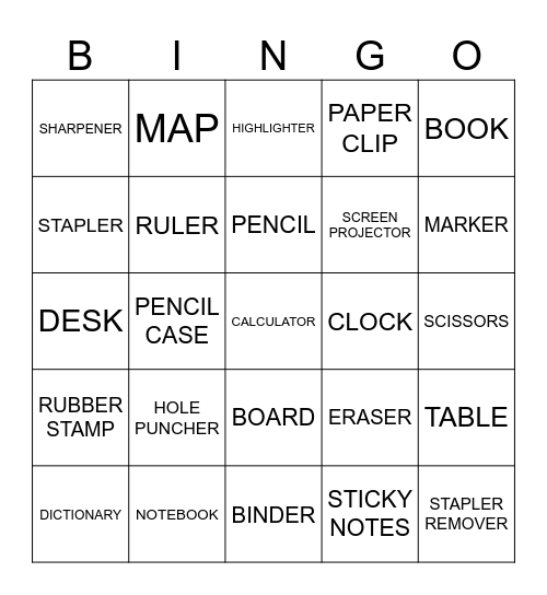 SCHOOL OBJECTS BINGO Card