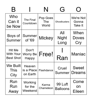 Musical Bingo 80's Pack 1 Bingo Card
