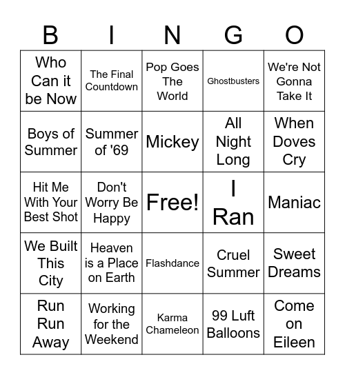 Musical Bingo 80's Pack 1 Bingo Card