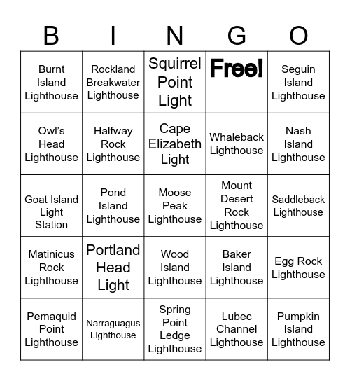 Maine's Lighthouses Bingo Card