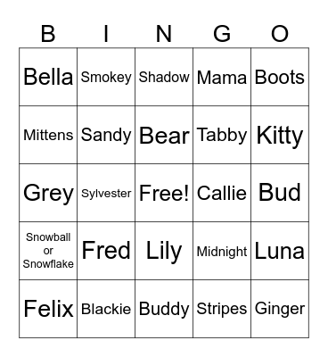 Cat Name Bingo Card