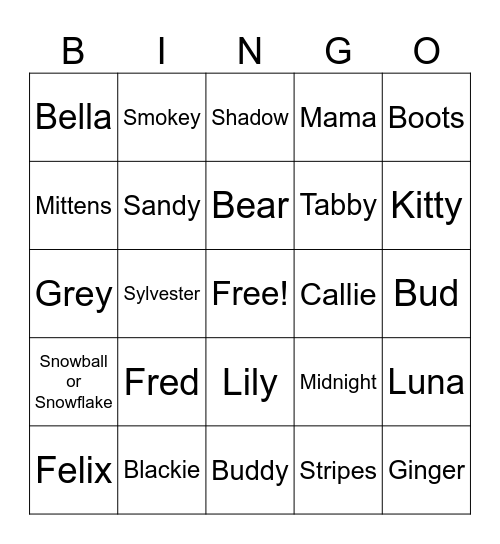Cat Name Bingo Card