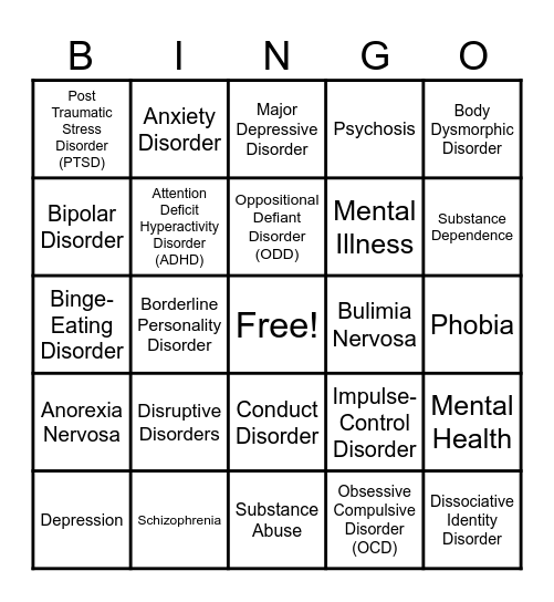 MENTAL HEALTH ILLNESSES & DISORDERS Bingo Card