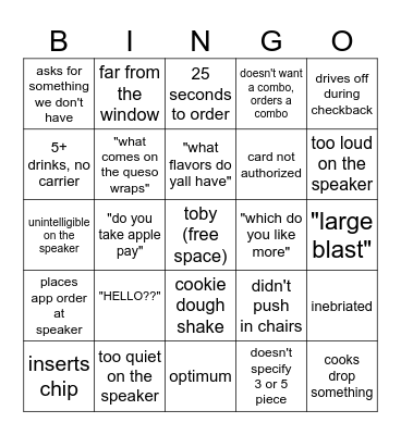 Sonic Drive-Thru Bingo Card