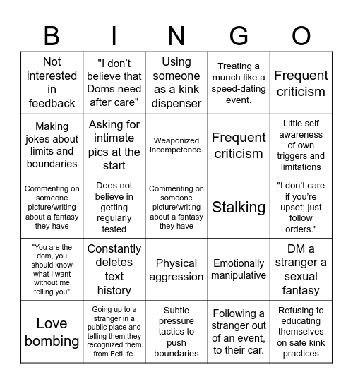 Red Flags Bingo Card