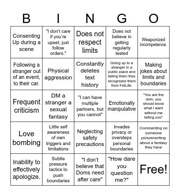 Red Flags Bingo Card