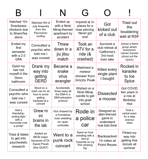 Berkeley Experiences Bingo Card