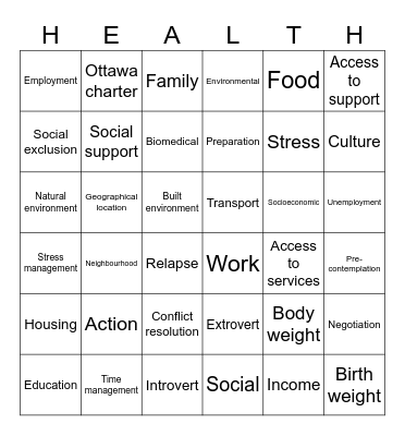 General Health Studies Bingo Card
