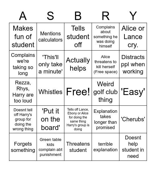 Luke Maths Bingo Card