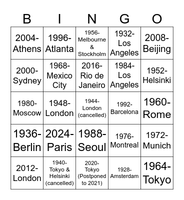 Olympic Host Cities Bingo Card