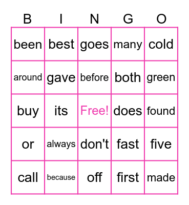Sight Words Bingo Card